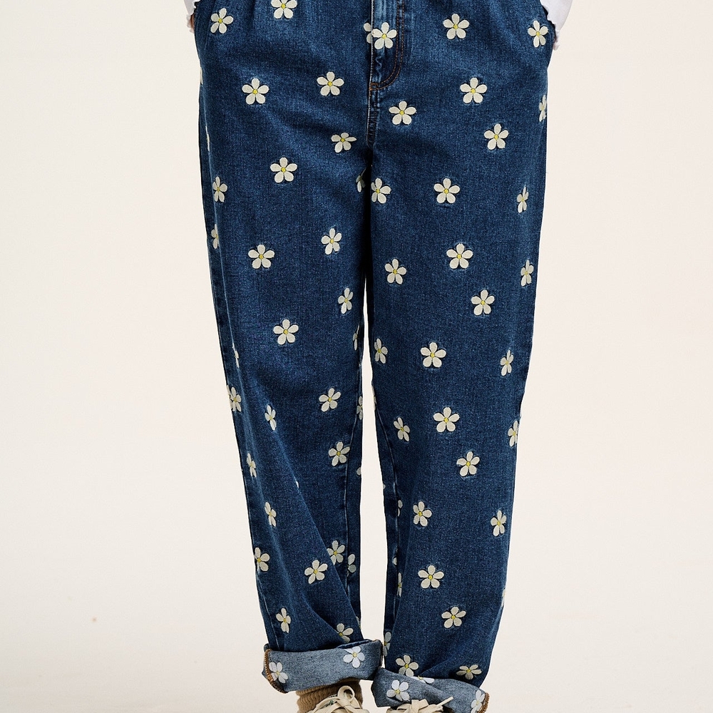 Lucy & Yak Blue Jeans with White Floral Embroidery